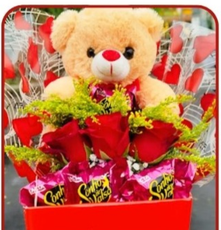 cesta com urso e flores